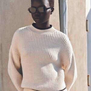 Mango Perkins-neck Sweater With Contrasting Details - Cream Turtleneck Sweater